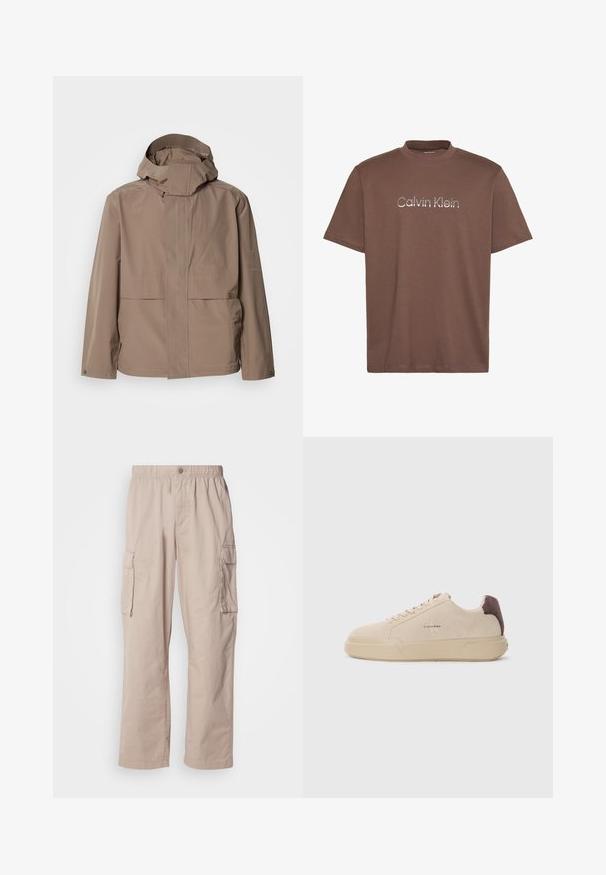 Beige wasserdichte Jacke mit hohem Kragen und verstellbarem Kapuzen. Verfügt über zwei Fronttaschen und dezente Logos auf der linken Seite.; Braunes kurzärmliges T-Shirt mit Rundhalsausschnitt und reflektierendem silbernem "Calvin Klein"-Logo mittig auf der Brust.; Beige Cargo-Hosen mit einem lockeren Schnitt, elastischem Bund, Knopfverschluss und Seitentaschen. Gefertigt aus leichtem Stoff mit einer glatten Textur.; Beige Wildleder-Sneaker mit runder Spitze, Schnürung vorne und einem braunen Wildlederakzent an der Ferse. Verfügt über eine strukturierte Gummisohle.