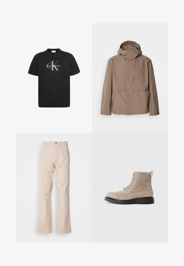 Beige wasserdichte Jacke mit hohem Kragen und verstellbarem Kapuzen. Verfügt über zwei Fronttaschen und dezente Logos auf der linken Seite.; Schwarzes Kurzarm-T-Shirt mit großem grauem "cK" Logo und weißem "Calvin Klein" Text, zentriert auf der Brust.; Beige Baumwollhosen mit geradem Beinschnitt, ausgestattet mit einem Knopfverschluss, vorderen Taschen und minimaler Stichdetails.; Beige Wildleder-Ankle Boots mit schwarzer Gummisohle, Schnürdesign und kleinem, seitlich eingeprägtem Logo, ausgestattet mit einer Zuglasche am Hinterkopf.