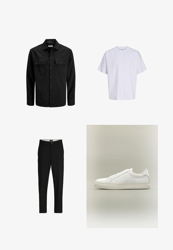 Camisa negra abotonada confeccionada en mezcla de lana, con cuello, dos bolsillos en el pecho con solapas y diseño de corte recto.; Camiseta blanca lisa de manga corta, de gran tamaño, con cuello redondo y corte holgado sobre un fondo blanco.; Pantalones negros de tela suave, con un diseño ajustado, piernas rectas, dos bolsillos frontales y cierre de un solo botón.; Zapatilla blanca de perfil bajo con cordones en la parte delantera y suela gruesa, mostrada de lado sobre un fondo neutro.