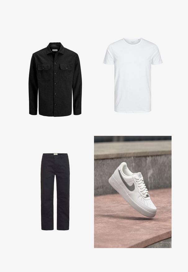 Sort skjorte med knapper lavet af uldblanding, med krave, to brystlommer med klapper og et lige snit.; Rundhals kortærmet t-shirt i ensfarvet hvid, lavet af blød bomuld, har et simpelt design uden synlige mønstre eller detaljer.; Sorte bomuldsbukser med lige ben-design, der har en frontlukning med knap, bæltestropper og minimal dekoration.; Hvid Nike Air Force 1 sneaker med gråt swoosh-logo svævende over en stensurface og en grå stenvæg i baggrunden.
