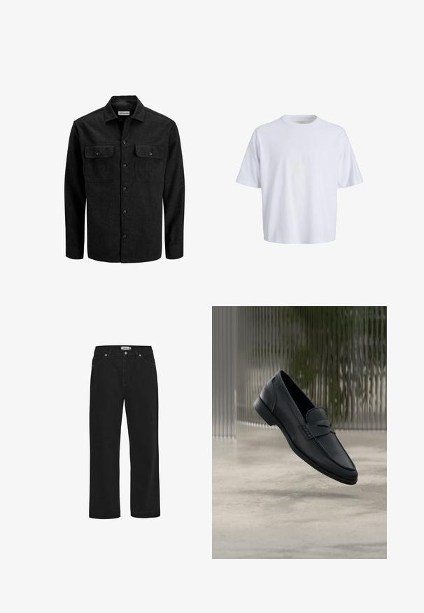 Camisa negra abotonada confeccionada en mezcla de lana, con cuello, dos bolsillos en el pecho con solapas y diseño de corte recto.; Camiseta de algodón blanca con cuello redondo, mangas cortas y un corte relajado. Textura suave y diseño minimalista sin patrones ni acentos visibles.; Vaqueros de mezclilla negra con corte recto, diseño de cinco bolsillos, detalles en hardware de cobre y una cinta de cintura resistente. Textura suave, estilo sin adornos.; Zapato tipo mocasín de cuero negro con acabado liso, punta puntiaguda y detalles cosidos en la pala. Tacón bajo y diseño minimalista.