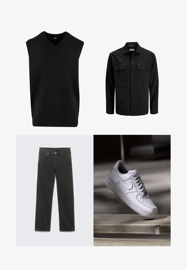 Camisa negra abotonada confeccionada en mezcla de lana, con cuello, dos bolsillos en el pecho con solapas y diseño de corte recto.; Jersey sin mangas negro con escote en V, hecho de un material suave, que cuenta con un escote y dobladillo de canalé. Diseño simple y clásico.; Vaqueros de mezclilla negros de pierna recta con bolsillos frontales, trabillas para cinturón y cierre de botón, colocados planos sobre un fondo gris.; Zapatilla Nike Air Force 1 de cuero blanco que presenta una puntera perforada, cordones planos y una suela de goma texturizada con la marca "AIR" en el lateral.