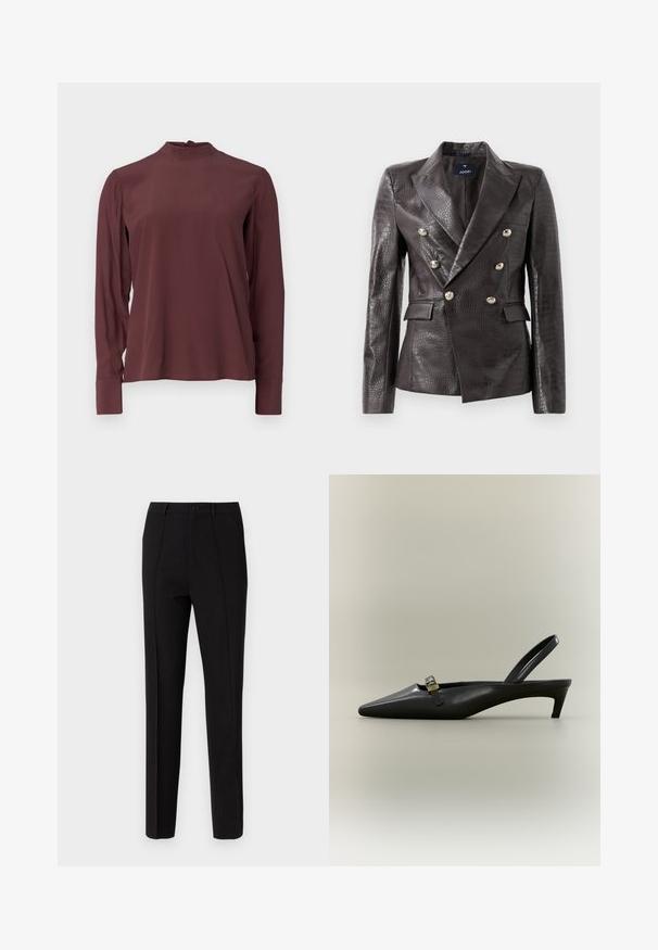 Blazer en cuir marron foncé avec une texture crocodile, design croisé, boutons en argent et deux poches avant.; Blouse bordeaux à manches longues avec un col montant, un léger éclat et une fermeture à boutons dans le dos. Tissu lisse et manches ajustées.; Pantalon noir à coupe slim, doté d'une fermeture à bouton, de deux poches latérales et d'une texture de tissu lisse. Des rayures verticales sont visibles.; Escarpin slingback en cuir noir avec talon kitten, bout pointu et petite boucle dorée sur un fond uni.