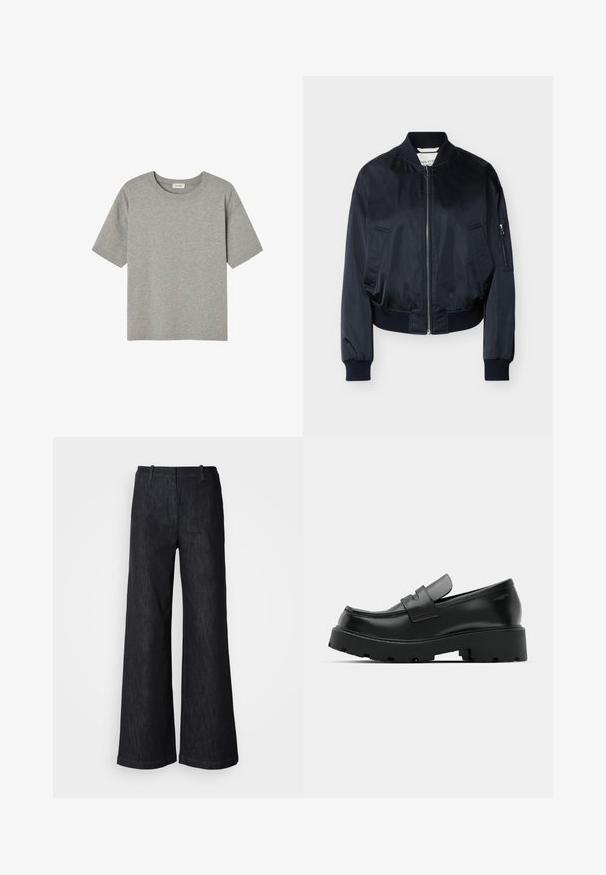Chaqueta bomber negra con cierre frontal, cuello, puños y cintura acanalados, dos bolsillos delanteros y un bolsillo con cremallera en la manga izquierda.; Camiseta gris de manga corta hecha de algodón suave, con cuello redondo y corte relajado, sin patrones o acentos prominentes.; Pantalones de mezclilla negros de pierna ancha con un acabado texturizado, que cuentan con presillas para cinturón y un dobladillo limpio. Diseño clásico, adecuado para diversas ocasiones.; Mocasines de cuero negro con suela gruesa y texturizada, que presentan una correa sobre el empeine y un acabado suave y pulido.