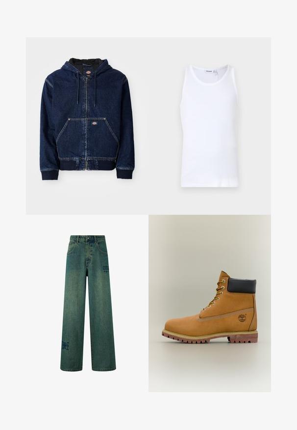 Sweat-shirt à capuche zippé en denim bleu foncé, avec un capuchon à cordon de serrage, des poches avant et des poignets côtelés. Couture contrastante et étiquette de marque visibles.; Débardeur en coton blanc avec un col rond et des bretelles larges. Texture lisse, sans motifs, design épuré et étiquette de marque au niveau du col.; Jeans à jambe large en denim bleu foncé avec une légère texture décolorée. Comprend des poches arrière et un détail logo décoratif.; Bottine en cuir marron avec col noir, lacets jaunes et semelle beige. Présente un logo et des détails de couture blanche. Semelle extérieure à traction robuste.
