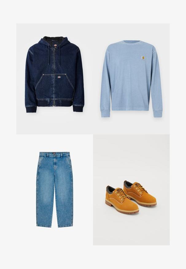 Dunkappe i denim i mørkeblå, med snorhue, forlommer og ribbede manchetter. Kontrastsyning og mærke tydeligt synlige.; Lyseblå langærmet skjorte lavet af blødt stof med rund halsudskæring, ribbet manchetter og en lille logopatch på venstre bryst.; Lyseblå denim jeans med lige ben design. Har forlommer, lynlås og kontrastsyninger langs sømmene.; Brune ruskindssko med rund tå, gule snørebånd, en polstret sort krave og gummisåler med skridsikre riller.