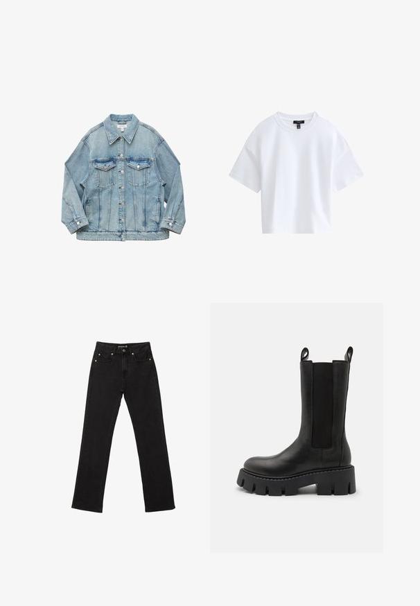 Hellblaue Jeansjacke mit Knopfleiste vorne, zwei Brustklappentaschen, langen Ärmeln und Kragen, flach auf weißem Hintergrund liegend.; Schlichtes weißes kurzärmeliges Cropped-T-Shirt mit rundem Ausschnitt und schwarzem Markenlabel innen im Kragen.; Schwarze Jeans aus Denim im geraden Schnitt, mit fünf Taschen und dezenten Kupferriegel-Akzenten. Hergestellt aus robustem Baumwollstoff.; Schwarze Leder-Stiefelette mit elastischen Seitenpaneelen, Ziehschlaufen, kräftiger profilierten Sohle und verstärkten Nähdetails. Die Oberfläche hat eine glatte Textur.