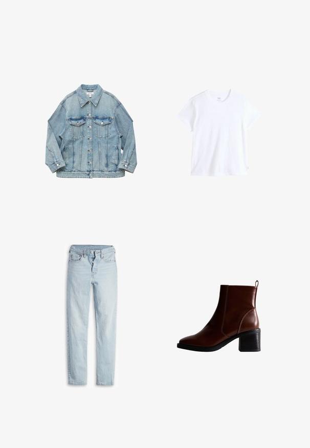 Lyseblå denimjakke med knapper foran, to brystlommer med klap, lange ærmer og krave, lagt fladt på hvid baggrund.; Hvid bomuld t-shirt med korte ærmer, rund halsudskæring og lige kant. Har en lille rød logoetiket på nederste venstre side.; Lyseblå denimjeans med høj talje, fem-lomme design, knaplukning og lige ben. Har subtilt slid og en tekstureret finish.; Brun læder ankelstøvle med firkantet tå og sidesøm, en 7,5 cm stablet hæl og en trækflap bagpå for nem påtagning.