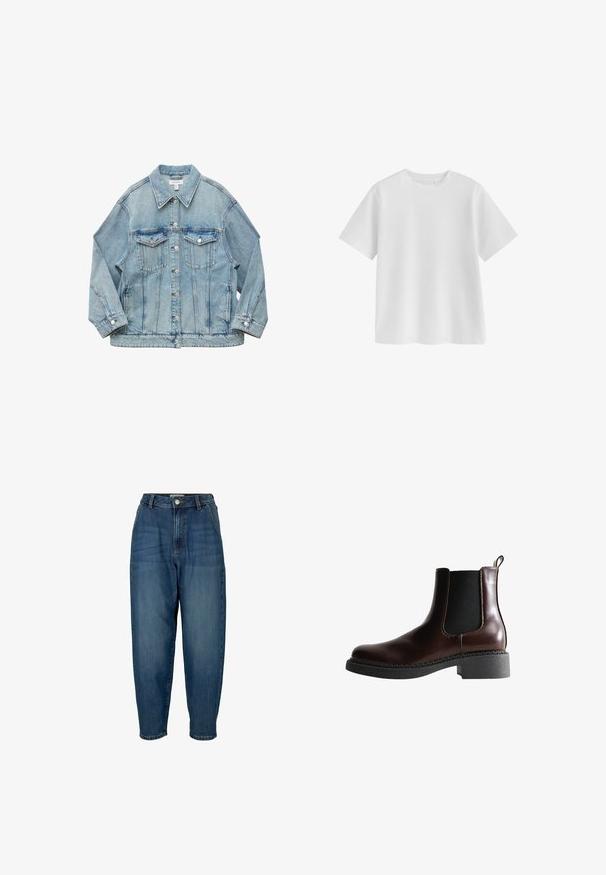 Chaqueta vaquera azul claro con cierre de botones, dos bolsillos con solapa en el pecho, mangas largas y cuello, colocada plana sobre fondo blanco.; Camiseta blanca lisa de manga corta con cuello redondo, ajuste regular y textura de tela suave sobre un fondo blanco.; Vaqueros de mezclilla azul de cintura alta con un corte relajado, que presentan bolsillos frontales, cierre de cremallera y un leve desgaste en la tela.; Botín de cuero marrón con paneles laterales elásticos, puntera redonda y suela de goma negra texturizada. Presenta costuras en contraste y una pestaña para facilitar el calce.