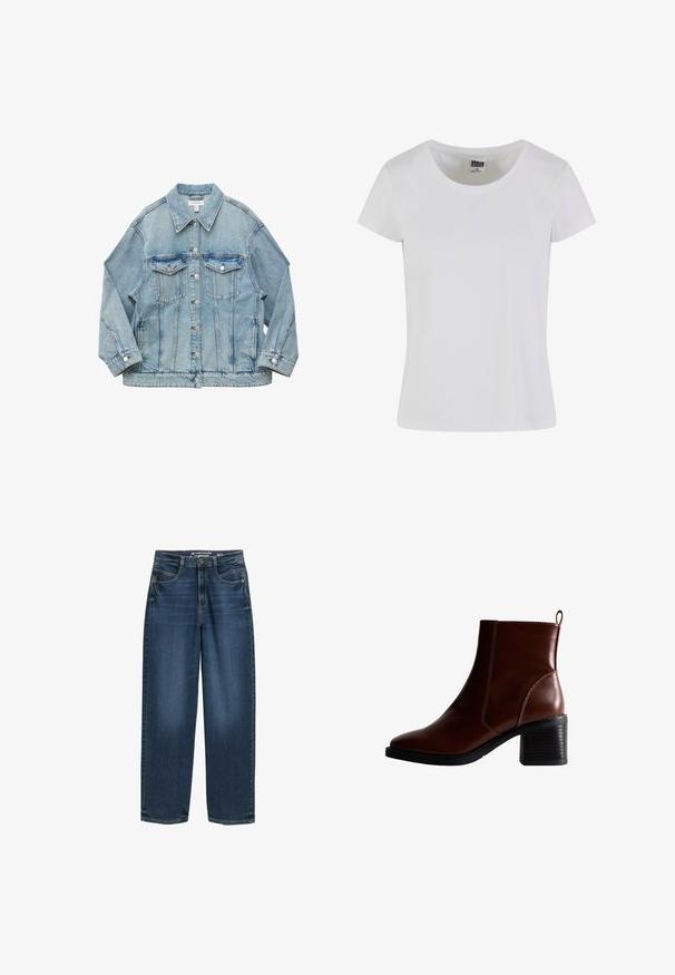 Chaqueta vaquera azul claro con cierre de botones, dos bolsillos con solapa en el pecho, mangas largas y cuello, colocada plana sobre fondo blanco.; Camiseta blanca de manga corta hecha de algodón. Presenta un escote redondeado y una forma ajustada. La etiqueta dice "URBAN CLASSICS."; Jeans de pierna ancha de color azul oscuro con cintura alta, bolsillos frontales y textura de denim clásica. Acabados con detalles de costura sutiles y aberturas de pierna recta.; Botín de cuero marrón hasta el tobillo con punta cuadrada y costura lateral, un tacón apilado de 3 pulgadas y una lengüeta en la parte posterior para facilitar su colocación.