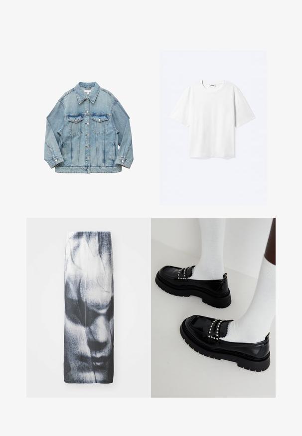 Chaqueta vaquera azul claro con cierre de botones, dos bolsillos con solapa en el pecho, mangas largas y cuello, colocada plana sobre fondo blanco.; Camiseta blanca de manga corta con cuello redondo y dobladillo recto, con etiqueta de la marca "WEEKDAY" dentro del escote.; Falda larga en blanco y negro con un estampado gráfico de una cara, con una textura suave y una silueta ajustada.; Zapatos de charol negros con suela gruesa, adornados con tachuelas plateadas y detalles en ondas, llevados con calcetines blancos.
