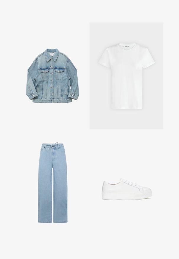 Chaqueta vaquera azul claro con cierre de botones, dos bolsillos con solapa en el pecho, mangas largas y cuello, colocada plana sobre fondo blanco.; Camiseta blanca lisa de manga corta y cuello redondo, colocada plana sobre un fondo gris claro, mostrando la parte delantera con etiqueta dentro del escote.; Jeans de mezclilla de pierna ancha en azul claro, con cintura ajustable mediante cordones y diseño estándar de cinco bolsillos. La tela tiene una textura suave.; Zapatilla blanca de cuero con superficie lisa, punta redonda y suela plana. Presenta cierre con cordones y detalles de costura sutiles.