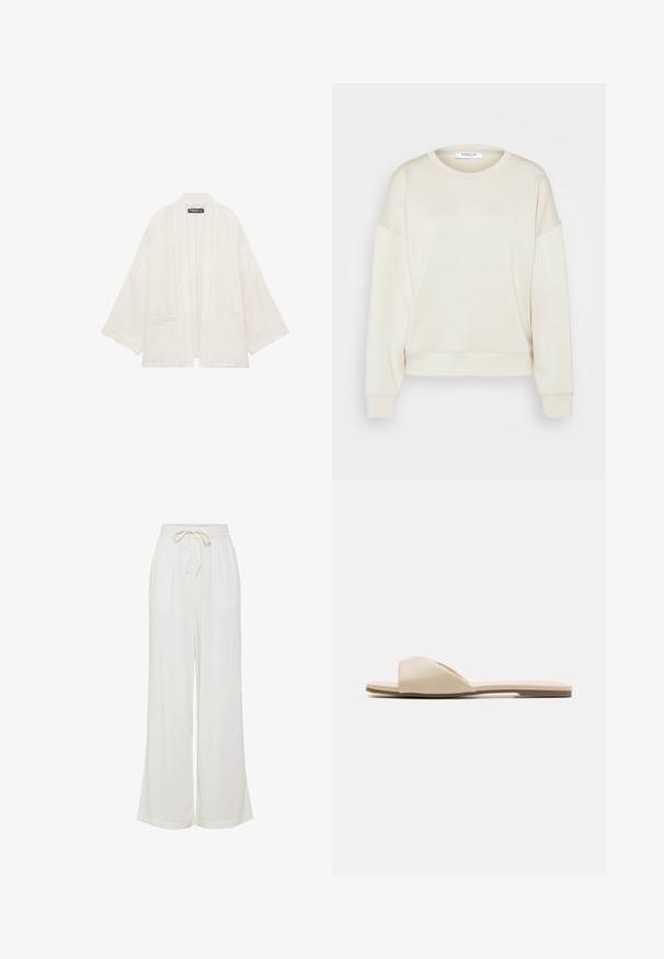 Svetlobéžový kimono kabát s otvorenou prednou časťou, širokými rukávmi a dvoma prednými vreckami, vyrobený zo štruktúrovanej látky.; MSCH Copenhagen SWEATSHIRT - Mikina - oatmeal; Biele široké nohavice vyrobené z ľahkého materiálu, s elastickým pásom so šnúrkou a dvoma bočnými vreckami.; Rovné ploché sandále v jemne béžovom materiáli, s otvorenou špičkou, hladkou textúrou a minimalistickým tvarom s svetlohnedou podrážkou.