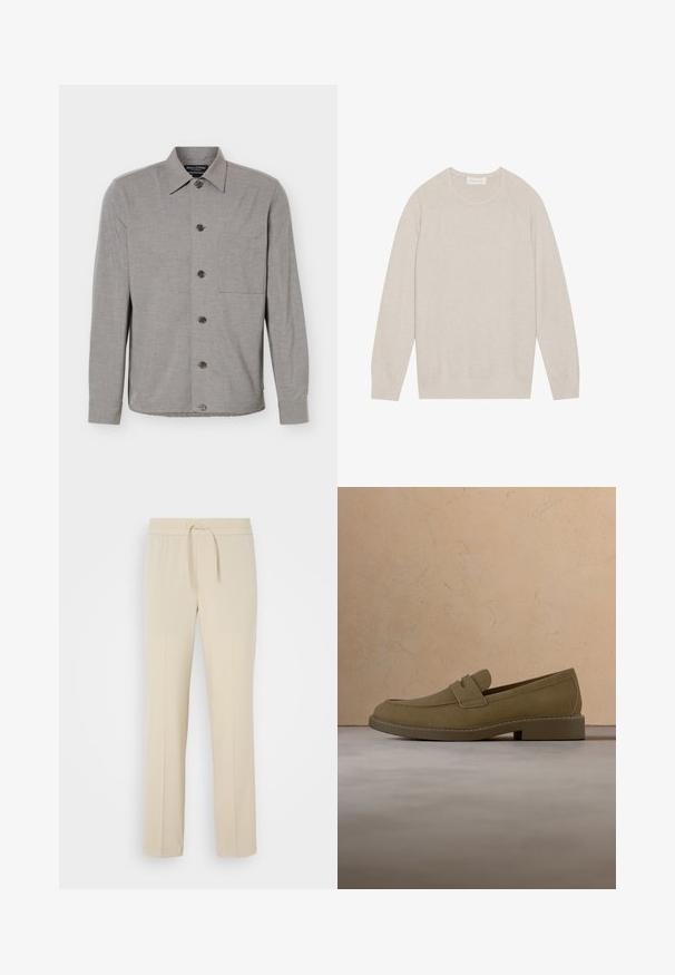Graues, langärmeliges Hemd mit Knöpfen, Kragen und Brusttasche, flach ausgelegt mit durchgehend geschlossenen Knöpfen vorne.; Hellbeige Pullover-Sweater, gestrickte Textur, gerippte Bündchen und Saum, klassischer Rundhalsausschnitt, Raglanärmel, schlichtes Design ohne Muster.; Beige, elastische Hosen mit einem Kordelzug. Sie haben gerade Beine und eine glatte Textur, geeignet für Freizeit oder Entspannung.; Brauner Wildleder-Slipper schwebt über einem strukturierten beigen Teppich in einem Wohnzimmer mit einem Holz-Couchtisch und gestapelten Büchern.