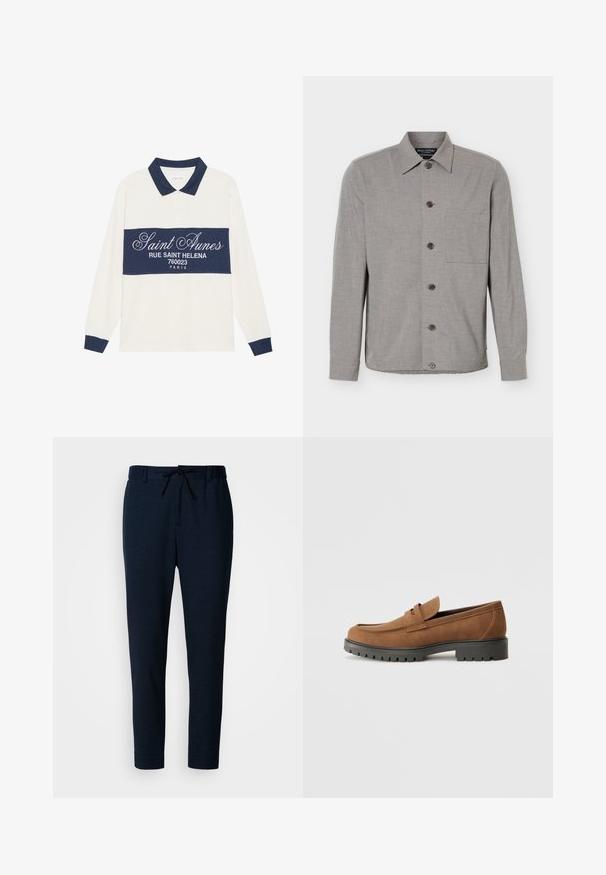 Graues, langärmeliges Hemd mit Knöpfen, Kragen und Brusttasche, flach ausgelegt mit durchgehend geschlossenen Knöpfen vorne.; Langärmliges Poloshirt, creme- und navyfarben, aus Baumwollmischung. Verfügt über ein navyfarbenes Band mit weißem Text und einen klassischen Kragen mit navyfarbener Einfassung.; Marineblaue Hose aus einem weichen, leichten Stoff. Sie verfügt über einen Kordelzugbund, zulaufende Beine und eine glatte Textur.; Braune Wildlederslipper mit runder Zehenpartie und einer niedrigen schwarzen Gummisohle, die über einen dekorativen Riemen und Nähte auf dem Obermaterial verfügt.