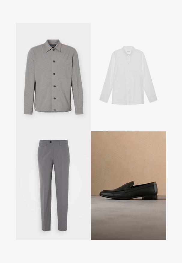 Camisa gris de manga larga con botones, cuello y bolsillo en el pecho, mostrada extendida con los botones abrochados al frente.; Camisa blanca de manga larga hecha de tela suave, con cuello puntiagudo, cierre frontal de botones y puños de un solo botón.; Pantalones grises a medida con una textura suave, diseño de pierna recta, cierre de un solo botón y bolsillos frontales. Sin patrones ni acentos visibles.; Zapato mocasín de cuero negro flotando sobre una alfombra beige con un sofá beige en un ambiente interior minimalista.