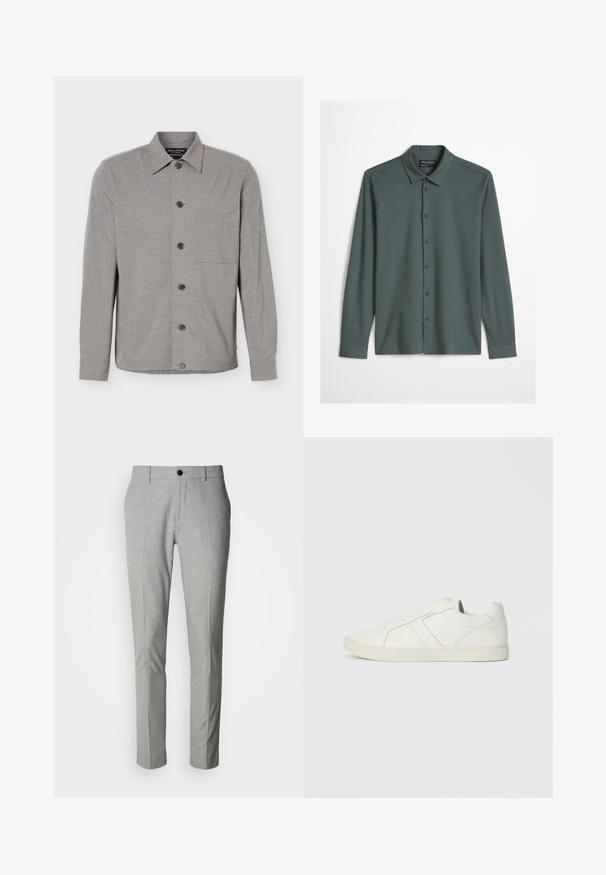 Chemise grise à manches longues avec col et poche poitrine, affichée à plat avec les boutons fermés sur le devant.; Chemise pour homme à manches longues avec boutons, de couleur bleu-gris atténué, dotée d'un col classique et d'un logo brodé discret sur la poitrine.; Pantalon gris clair en tissu texturé, avec une taille plate, deux poches latérales et une fermeture à bouton unique. Coupe ajustée.; Baskets blanches en cuir montantes basses avec fermeture à lacets et semelle en caoutchouc plate, vues du côté intérieur sur un fond uni.