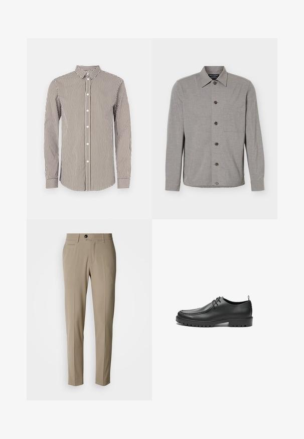 Chemise grise à manches longues avec col et poche poitrine, affichée à plat avec les boutons fermés sur le devant.; Chemise à manches longues à rayures marron et crème avec un col à boutons, dotée de boutons blancs et de poignets à motifs. Texture de tissu lisse.; Pantalons beige sur mesure avec un devant plat, des poches latérales, des passants pour ceinture et une fermeture à un seul bouton noir. Texture de tissu lisse.; Chaussures en cuir noir avec une finition lisse, bout arrondi et coutures décoratives. Elles possèdent une semelle en caoutchouc avec des rainures de traction et un laçage.