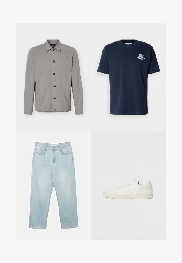Chemise grise à manches longues avec col et poche poitrine, affichée à plat avec les boutons fermés sur le devant.; T-shirt en coton bleu marine à manches courtes, col rond, avec un imprimé graphique à l'avant d'un globe et le texte "Marc O'Polo DENIM." Design simple.; Jean en denim bleu clair avec une coupe décontractée, cinq poches, une fermeture à bouton et un léger délavage. La texture est douce et légèrement usée.; Baskets blanches en cuir montantes basses avec fermeture à lacets et semelle en caoutchouc plate, vues du côté intérieur sur un fond uni.