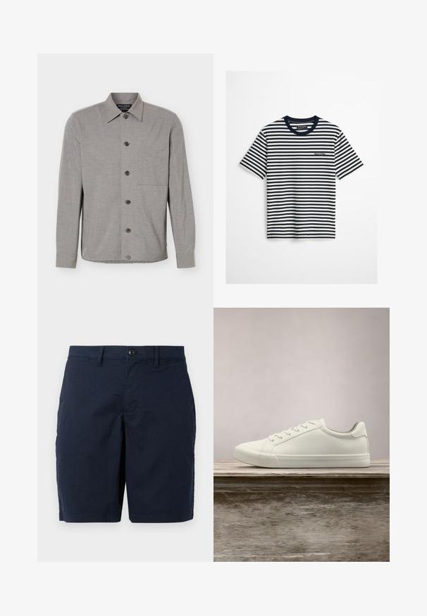 Chemise grise à manches longues avec col et poche poitrine, affichée à plat avec les boutons fermés sur le devant.; T-shirt à manches courtes à rayures horizontales bleu marine et blanches, avec col bleu marine et petit logo Marc O’Polo sur la poitrine.; Shorts bleu marine en tissu léger. Dotés d'une fermeture à bouton, d'un devant plat et de deux poches latérales. Design classique à coupe droite.; Sneaker en dentelle blanche flottant au-dessus d'un banc en bois avec un feuillage vert en arrière-plan, mettant en valeur le design et la texture de la chaussure.