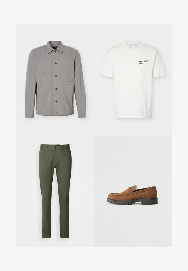 Grå langærmet skjorte med knapper, krave og brystlomme, vist fladt med knapperne knappet foran.; Hvid T-shirt med korte ærmer og rund halsudskæring med "Marc O’Polo Denim"-logo trykt i sort på venstre bryst.; Olivenfarvede bukser lavet af bomuldsblanding, med klassisk lige pasform, fem lommer og metalknaplukning. Glat tekstur.; Brune Suede loafers med en rund tå og en lav sort gummisål, der har et dekorativt bånd og syninger på overdelen.