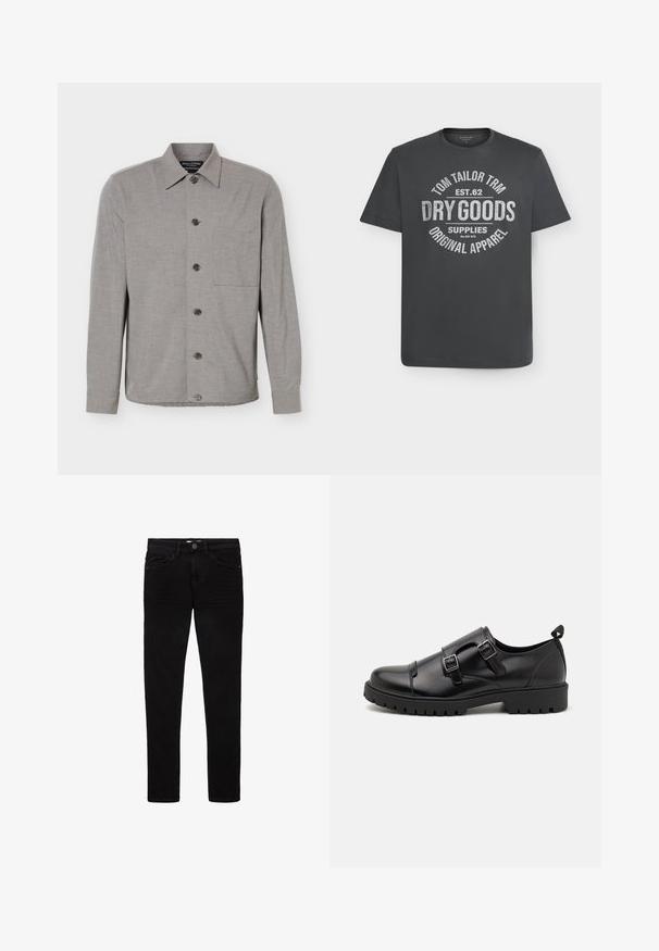 Grijs overhemd met lange mouwen, knoopsluiting, kraag en borstzak, plat gelegd met alle knopen dichtgeknoopt aan de voorkant.; Donkergrijs T-shirt met korte mouwen en ronde hals, met witte tekst in het midden van de voorkant: "Tom Tailor TRM Est. 62 Dry Goods Supplies Original Apparel".; Zwarte jeans van denim, met een slim fit ontwerp, vijf zakken en een knoopsluiting. Gladde textuur en minimale stiksels.; Pier One by Zalando Zakelijke loafers - black
