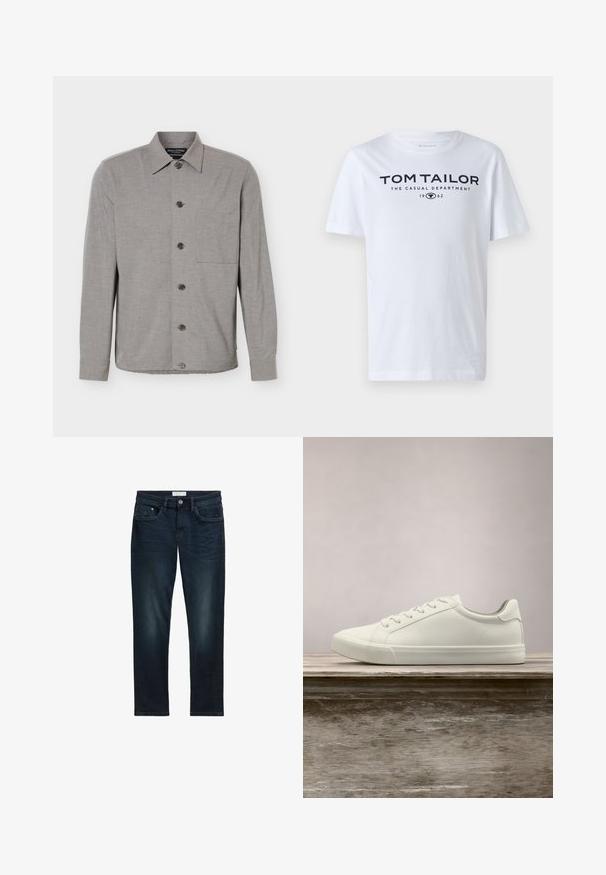 Graues, langärmeliges Hemd mit Knöpfen, Kragen und Brusttasche, flach ausgelegt mit durchgehend geschlossenen Knöpfen vorne.; Weißes Baumwoll-T-Shirt mit Rundhalsausschnitt, kurzen Ärmeln und navyfarbener Schrift, die "TOM TAILOR THE CASUAL DEPARTMENT 1962" lautet.; Dunkelblaue Denim-Jeans mit slim Fit, ausgestattet mit fünf Taschen, einem Knopfverschluss und subtilen Ausbleichungen auf der Vorderseite für eine strukturierte Optik.; Weiße Schnürsneaker, die über einer Holzbank mit grünem Laub im Hintergrund schweben und das Schuhdesign sowie die Textur zeigen.