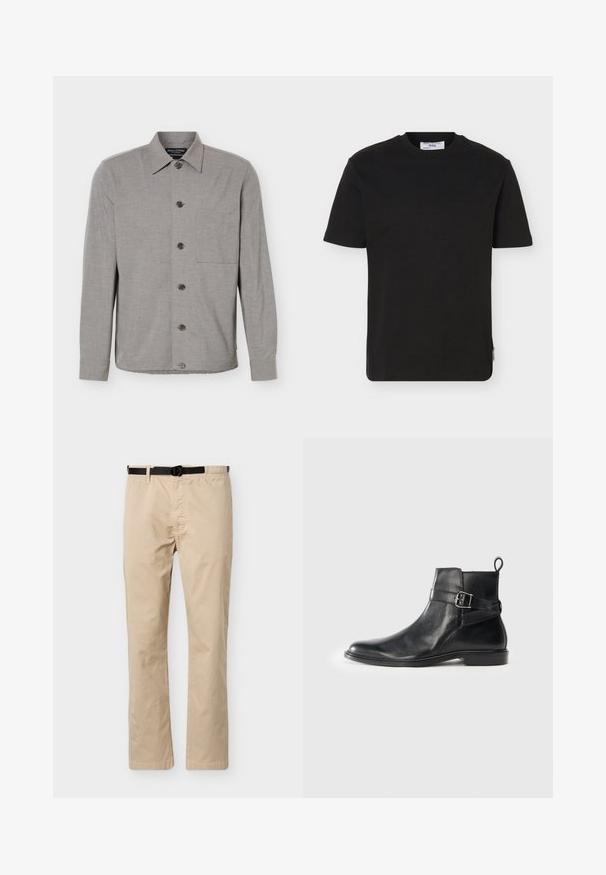 Grijs overhemd met lange mouwen, knoopsluiting, kraag en borstzak, plat gelegd met alle knopen dichtgeknoopt aan de voorkant.; Effen zwart T-shirt met korte mouwen en ronde hals, met een klein merkembleem op de onderkant aan de zijkant.; Beige broek met rechte pijpen, zwarte verstelbare riem, elastische tailleband aan één kant en een voornaad als detail.; Zwarte leren enkellaarsjes met een ronde neus, zijgespeldetail en een lipje op de hak. Platte zool met een subtiele glansafwerking.
