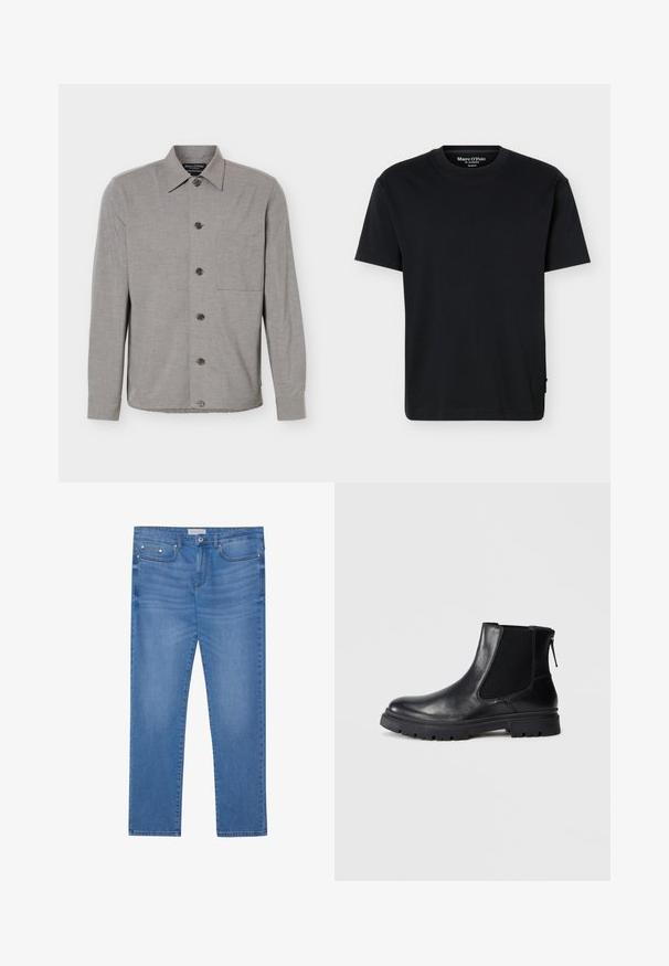 Grå langærmet skjorte med knapper, krave og brystlomme, vist fladt med knapperne knappet foran.; Sort T-shirt med korte ærmer og rund hals, afslappet pasform og Marc O’Polo-mærkat på indersiden af kraven på en ensfarvet baggrund.; Lyseblå denimjeans med lige ben, femlommes design, subtil falming og metalbeslag ved taljen og lommerne.; Sort læderankelstøvle med en glat overflade, elastiske mesh-sider og en robust sål med synligt mønster.