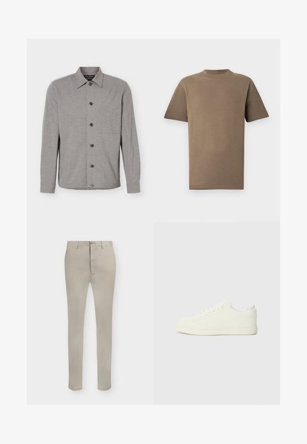 Chemise grise à manches longues avec col et poche poitrine, affichée à plat avec les boutons fermés sur le devant.; T-shirt en coton marron à manches courtes, col rond et coupe droite. Texture lisse, coutures minimales et pas de logos visibles.; Pantalon beige slim fit avec passants de ceinture, fermeture par bouton et braguette zippée, présenté sur fond blanc.; Baskets blanches avec une tige à texture lisse, bout arrondi et laçage traditionnel, arborant un design minimaliste et une semelle en caoutchouc.