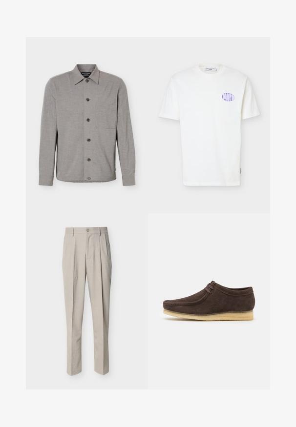 Graues, langärmeliges Hemd mit Knöpfen, Kragen und Brusttasche, flach ausgelegt mit durchgehend geschlossenen Knöpfen vorne.; Weißes kurzärmliges Baumwoll-T-Shirt mit lila ovalem Logo auf der linken Brust und einem runden Halsausschnitt.; Beige Herrenanzughose mit Bügelfalten, Gürtelschlaufen, Knopfverschluss und geradem Bein, vor weißem Hintergrund.; Braune Wildlederschuhe mit glatter Oberfläche, runder Zehenform und minimalistischem Design. Verfügt über eine hellfarbene Gummisohle und kontrastierende Schnürdetails.