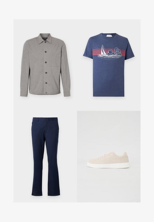 Camisa gris de manga larga con botones, cuello y bolsillo en el pecho, mostrada extendida con los botones abrochados al frente.; Camiseta azul marino con rayas horizontales rojas y un velero blanco sobre el agua con nubes, el texto dice "Ride The Wind".; Pantalones azul marino confeccionados con tejido ligero, con un diseño de pierna recta, bolsillos frontales y cierre de botón en la cintura.; Zapatillas de ante beige con suelas de goma blanca, puntera redondeada y seis ojales para los cordones. Textura suave con un diseño minimalista.