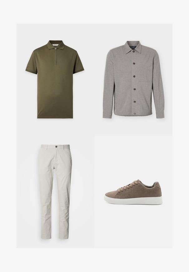 Chemise grise à manches longues avec col et poche poitrine, affichée à plat avec les boutons fermés sur le devant.; Polo vert olive à manches courtes avec col zippé, poignets côtelés et sans motifs ni logos visibles, présenté sur un fond uni.; Chinos beige clair avec une coupe droite, dotés d'une fermeture à boutons, d'un pli unique et d'une texture en coton lisse.; Baskets en daim marron avec des semelles en caoutchouc blanc plat, design lacé, bout rond et texture lisse. Style minimaliste avec des détails de couture subtils.