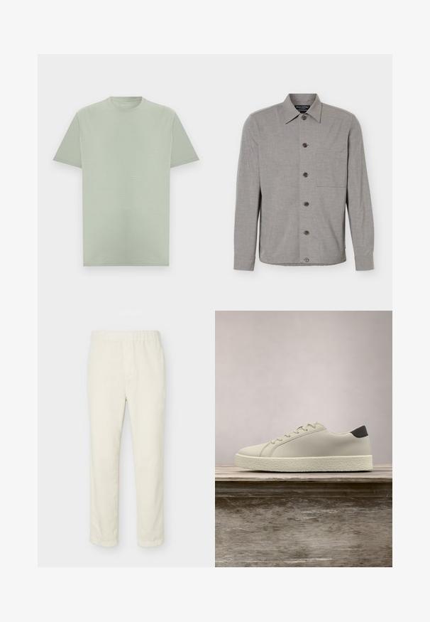 Chemise grise à manches longues avec col et poche poitrine, affichée à plat avec les boutons fermés sur le devant.; T-shirt vert clair à manches courtes et col rond avec une texture subtile de rayures horizontales, présenté sur un fond neutre.; Pantalon droit couleur blanc cassé avec taille élastique et détails minimalistes, présenté sur un fond clair uni.; Baskets blanches avec semelle texturée et détail noir au talon, flottant au-dessus d'un banc en bois avec de hautes herbes vertes en arrière-plan.