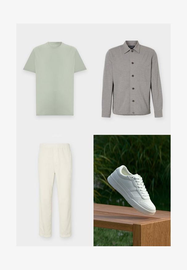 Chemise grise à manches longues avec col et poche poitrine, affichée à plat avec les boutons fermés sur le devant.; T-shirt vert clair à manches courtes et col rond avec une texture subtile de rayures horizontales, présenté sur un fond neutre.; Pantalon droit couleur blanc cassé avec taille élastique et détails minimalistes, présenté sur un fond clair uni.; Baskets en cuir blanc avec une texture lisse, présentant un design perforé, un laçage classique et une semelle en caoutchouc, positionnées au-dessus d'une surface en bois.