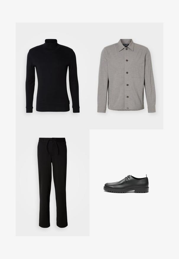 Grå langærmet skjorte med knapper, krave og brystlomme, vist fladt med knapperne knappet foran.; Sort langærmet turtleneck-trøje lavet af blødt stof. Har et tætsiddende design med ribbede manchetter og en glat overflade. Ingen mønstre eller logoer.; Sorte sweatpants med snor i taljen, lavet af blødt og strækbart stof. Har en afslappet pasform med lige ben og uden synlige lommer.; Sorte lædersko med en glat overflade, rund tå og dekorativ stikning. Har en gummisål med skridsikre spor og snørebåndsdesign.