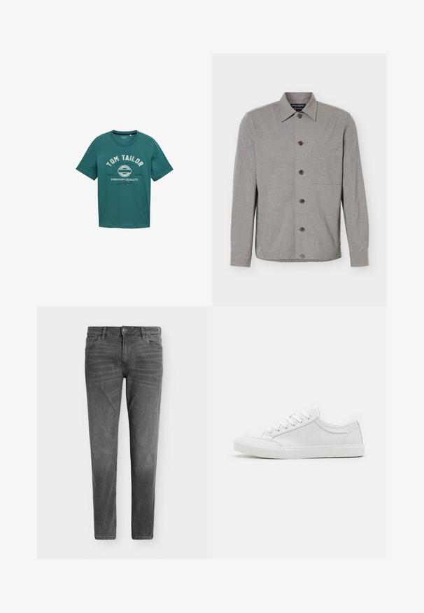 Grijs overhemd met lange mouwen, knoopsluiting, kraag en borstzak, plat gelegd met alle knopen dichtgeknoopt aan de voorkant.; Teal kort-sleeve t-shirt van katoen met een ronde halslijn en witte bedrukte tekst "TOM TAILOR" en ontwerpelementen aan de voorkant.; Slim-fit grijze denim jeans met knoop- en ritssluiting aan de voorkant, broekriemlussen en een ontwerp met vijf zakken op een effen witte achtergrond.; Witte sneakers met een glad leren bovenwerk, ronde neus, platte rubberen zool en zes oogjes voor veters. Subtiele stikseldetails, minimalistisch ontwerp.