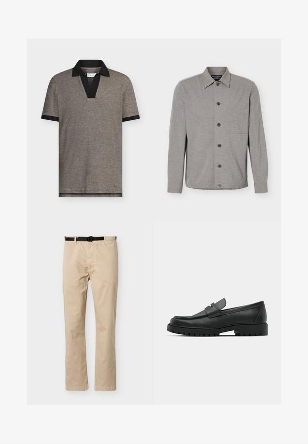Camisa gris de manga larga con botones, cuello y bolsillo en el pecho, mostrada extendida con los botones abrochados al frente.; Polo en tejido gris texturizado con cuello y puños de manga en negro. Presenta un diseño de cuello en V, mangas cortas y un dobladillo recto.; Pantalones beige de pierna recta con cinturón negro ajustable, pretina elástica en un lado y detalle de costura frontal.; Mocasines de cuero negro con punta redonda, que cuentan con un diseño cosido, suela de plataforma baja y una suela de goma texturada y con tacos.