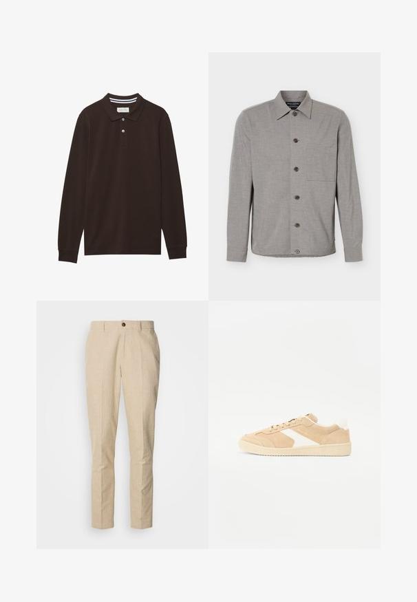 Camisa gris de manga larga con botones, cuello y bolsillo en el pecho, mostrada extendida con los botones abrochados al frente.; Camisa polo de manga larga en algodón marrón oscuro, con cuello, tapeta de tres botones y acentos de rayas blancas. Textura suave.; Pantalones beige con un sutil patrón a cuadros, con frente plano, piernas rectas y un solo botón marrón en la cintura.; Zapatilla de ante beige con acentos blancos, puntera redonda y cierre con cordones. Parte superior texturizada y suela de goma con una marca discreta.