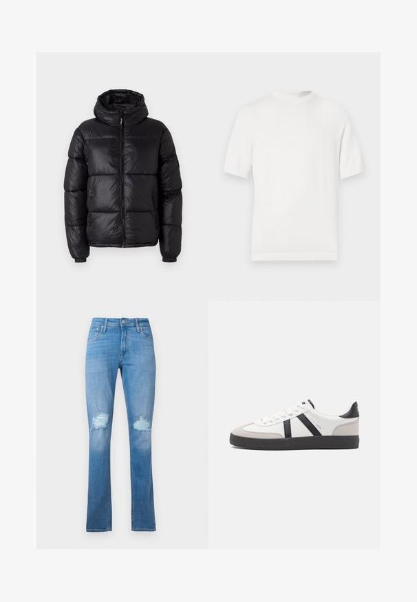 Schwarze Pufferjacke mit Kapuze, glänzender Oberfläche, gesteppten Bereichen, Frontreißverschluss und elastischen Bündchen für eine enge Passform.; Weißes kurzärmliges Strick-T-Shirt mit rundem Halsausschnitt, das eine glatte Textur und Rippenelemente am Kragen und Saum aufweist.; Helle blaue Denim-Jeans mit geradem Bein, featuring eine aufgerissene Kniepartie mit fransigen Kanten und klassischem Fünf-Taschen-Design.; Weiße Sneaker mit schwarz- und grau-aczenten, ausgestattet mit einer strukturierten grauen Zehenkappe, schwarzer Gummi-Sohle und flachen weißen Schnürsenkeln. Sauberes Design, minimalistische Stil.