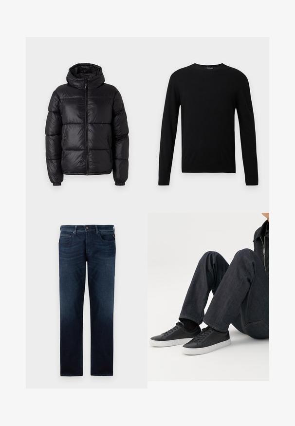 Schwarze Pufferjacke mit Kapuze, glänzender Oberfläche, gesteppten Bereichen, Frontreißverschluss und elastischen Bündchen für eine enge Passform.; Schwarzer Rundhalsausschnitt-Pullover aus weicher Stoff, mit langen Ärmeln und einem taillierten Saum. Einfaches Design ohne sichtbare Muster oder Akzente.; Dunkelblaue Jeans aus Denim mit geradem Bein, fünf Taschenstil und sichtbarem Knopfverschluss an der Taille. Glatte Textur.; Person sitzt mit angewinkelten Beinen, trägt dunkelblaue Jeans und schwarze Low-Top-Sneaker mit weißen Sohlen auf weißem Hintergrund.