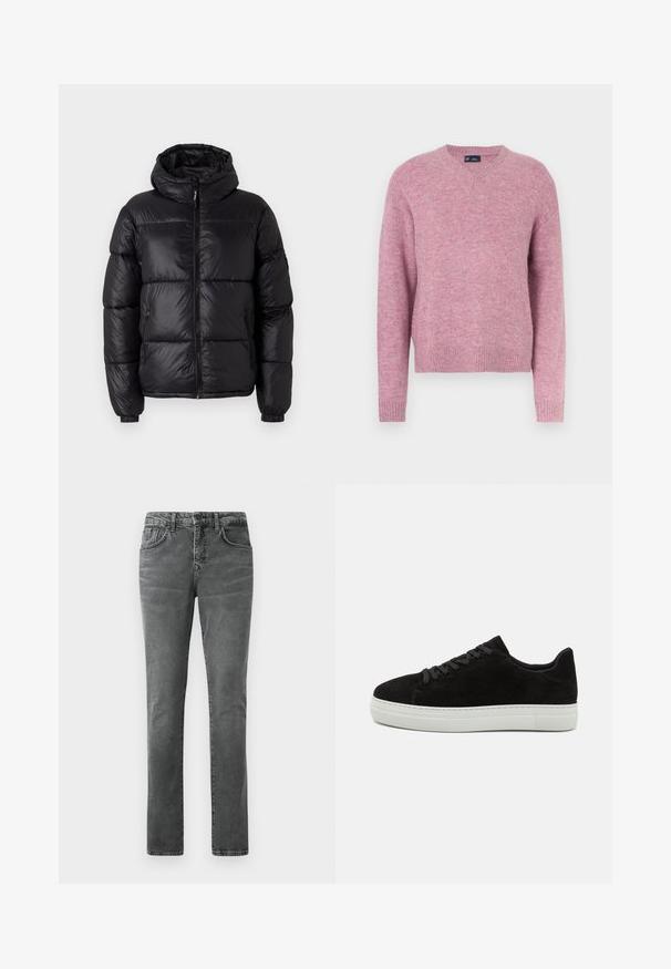 Sort pufferjakke med hætte, der har en skinnefinish, kviltede sektioner, frontlynlås og elastiske manchetter for en tætsiddende pasform.; Pink strikket sweater med rund halsudskæring, lange ærmer og ribbestrikkede ærmekanter. Blød tekstur og afslappet pasform, velegnet til afslappet brug.; Grå denim jeans med straight leg pasform, fem-lomme design, subtilt falmet tekstur og bæltesløjfer. Ingen synlig branding eller pynt.; Sort ruskinds sneaker med hvid gummisål, rund tå og sorte snørebånd. Glat tekstur med minimalistisk design og ingen synlige mønstre.