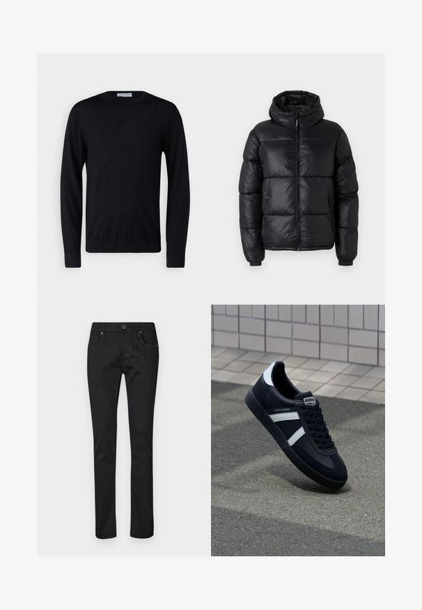 Schwarze Pufferjacke mit Kapuze, glänzender Oberfläche, gesteppten Bereichen, Frontreißverschluss und elastischen Bündchen für eine enge Passform.; Schwarzer Pullover mit langen Ärmeln und Rundhalsausschnitt, mit gerippten Bündchen und Saum, vor weißem Hintergrund präsentiert.; Schmale schwarze Jeans mit fünf Taschen, Knopfverschluss und Gürtelschlaufen, auf einem schlichten weißen Hintergrund präsentiert.; Schwarze Leder-Sneaker mit weißen Streifen, strukturiertem Gummisohle und Schnürung. Verfügt über ein Markenetikett auf der Zunge.