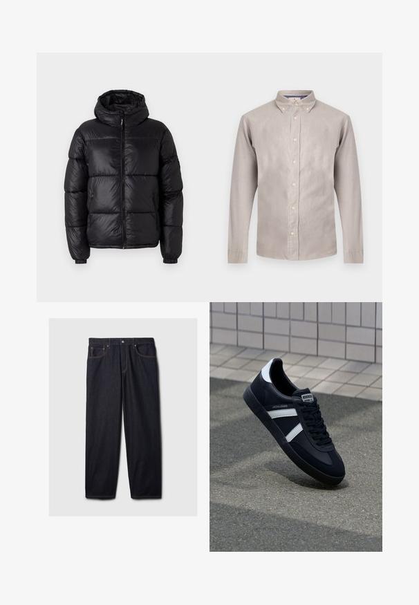Doudoune noire avec capuche, finition brillante, sections matelassées, fermeture éclair à l'avant et poignets élastiques pour un ajustement confortable.; Chemise à manches longues boutonnée de couleur gris clair avec un col, comportant des boutons beiges et une texture lisse. Le design inclut une coupe classique et un style simple.; Jeans en denim noir avec une coupe droite, dotés d'une fermeture à bouton et à zip, de deux poches avant et de coutures orange contrastantes.; Sneaker en cuir noir avec des rayures blanches, semelle en caoutchouc texturée et devant à lacets. Présente une étiquette de marque sur la languette.