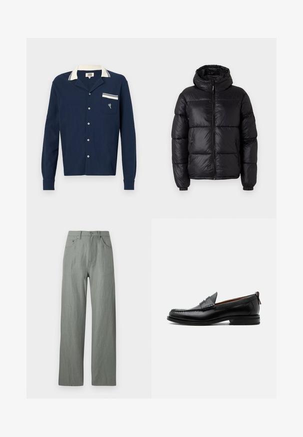 Schwarze Pufferjacke mit Kapuze, glänzender Oberfläche, gesteppten Bereichen, Frontreißverschluss und elastischen Bündchen für eine enge Passform.; Marineblaue Hemdbluse aus strukturiertem Stoff mit weißem Kragen und einer Tasche, die ein Herzdesign und einen gestreiften Akzent aufweist.; Helle grüne, weite Hosen aus einem weichen, strukturierten Stoff. Merkmale sind ein vorderer Knopfverschluss und fünf Taschen.; Schwarzer Leder-Herrenschuh mit Mokassinnaht, Penny-Riemen, strukturiertem Kragen und niedrigem gestapeltem Absatz auf weißem Hintergrund.