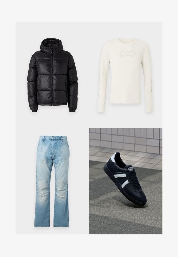 Zwarte pufferjack met een capuchon, voorzien van een glanzende afwerking, gequiltte secties, een rits aan de voorkant en elastische manchetten voor een goede pasvorm.; Crèmekleurig geribd T-shirt met lange mouwen, met "DODGE DEMON" geborduurd op de voorkant en afbeeldingen gedrukt op de rechter mouw. Zachte textuur.; Lichtblauwe, hooggewaisted jeans met een rechte snit, voorzien van kniestukken en een vervaagde textuur. Metalen knoopsluiting bij de taille.; Zwarte leren sneaker met witte strepen, een gestructureerde rubberen zool en vetersluiting aan de voorkant. Voorzien van een merklabel op de tong.