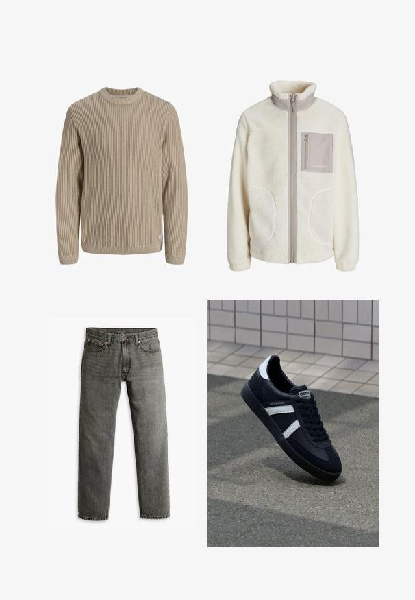 Hvid fleecejakke med høj krave, lynlås foran, to sidelommer og en enkelt brystlomme i en beige stof. "JJ Studios" logo på lommen.; Beige ribstrikket sweater med lange ærmer og rund halsudskæring, vist mod en lys baggrund.; Grå denim jeans med lige ben-design, klassisk fem-lomme stil og diskret sømdetaljer på sømme og lommer.; Sort lædersneaker med hvide striber, tekstureret gummisål og snørrebånd foran. Har et brandet mærke på tungen.