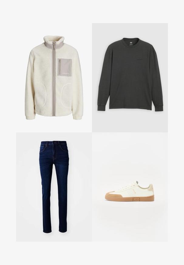 Weißer Fleece-Jacke mit hohem Kragen, Frontreißverschluss, zwei Seitentaschen und einer Brusttasche aus beigem Stoff. "JJ Studios"-Logo auf der Tasche.; Langärmliges T-Shirt aus dunkelgrauer Baumwolle, mit Rundhalsausschnitt und weicher Textur, mit einem dezenten Logo auf der Vorderseite.; Dunkelblaue Denim-Jeans mit geradem Schnitt, fünf Taschen und subtiler Naht. Der Stoff hat eine glatte Textur.; Weiße Sneakers mit sandfarbenen Wildlederelementen, runder Zehenpartie, perforierten Seitenpaneelen, Schnürdesign und einer Gummisohle mit einem Markenlabel.