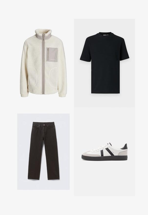 Hvid fleecejakke med høj krave, lynlås foran, to sidelommer og en enkelt brystlomme i en beige stof. "JJ Studios" logo på lommen.; Sort kortærmet ribstrikket T-shirt med rund hals og et lille synligt mærke indeni kraven.; Svarte denimjeans med straight-leg design, fem lommer og kobberfarvet syning. Glat tekstur, klassisk knaplukning i taljen.; Hvide sneakers med sorte og grå detaljer, med en tekstureret grå tåhætte, sort gummisål og flade hvide snørebånd. Rent design, minimalistisk stil.