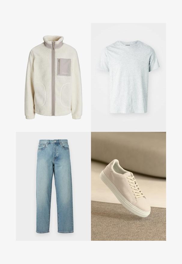 Valkoinen fleece-takki, jossa on korkea kaulus, etuvetoketju, kaksi sivutaskua ja yksi rintatasku beigessä kankassa. "JJ Studios" -logo taskussa.; Valkoinen lyhythihainen t-paita, joka on valmistettu pehmeästä kankaasta. Paidassa on pyöreä pääntie ja hieman rento malli. Ei näkyviä kuvioita tai grafiikoita.; Vaaleansiniset farkut, joissa on löysä malli, suorat lahkeet, viisi taskua ja nappikiinnitys vyötäröllä. Minimalistinen ommel yksityiskohta.; Beige suede tennarit valkoisella pohjalla ja nauhoilla, esitetty leijumassa tekstuuritetun beige maton päällä pehmeää beigeä taustaa vasten.